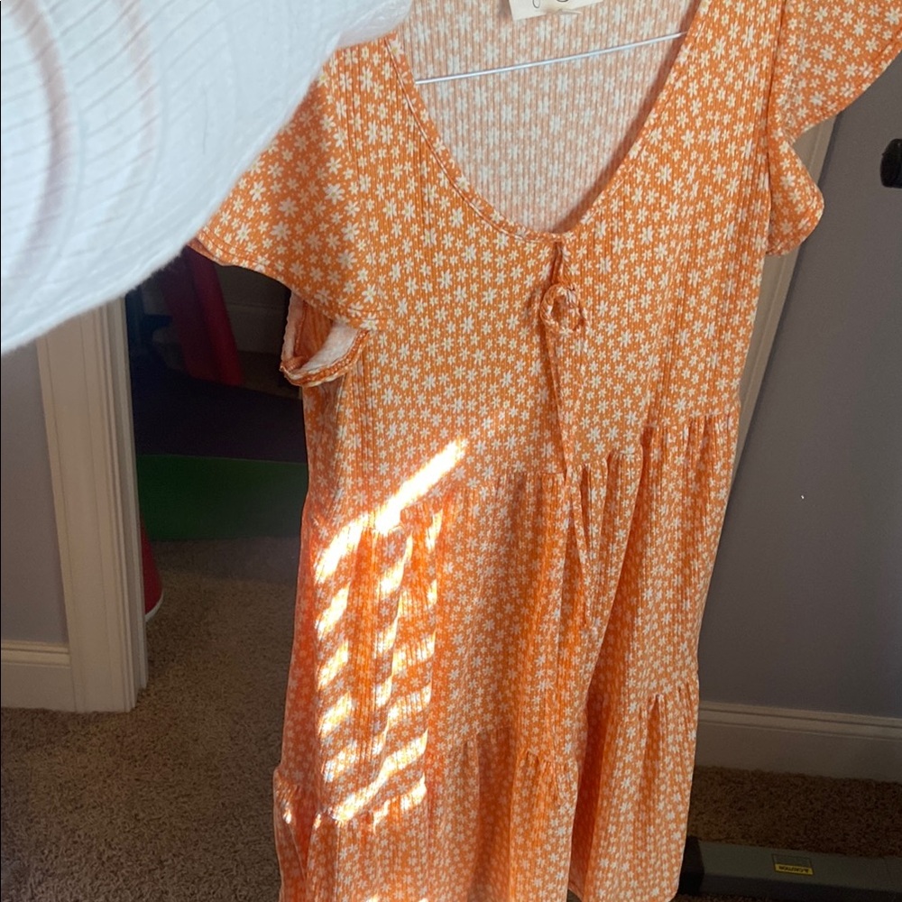 Orange Floral Dress with Ruffle Sleeves